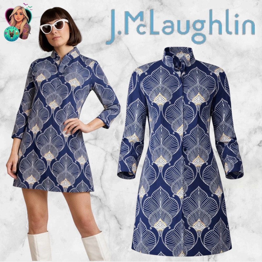 J.McLaughlin Women's Small Mock Neck Shirt Dress Blue‎ Neo Tangier Geo Mandarin